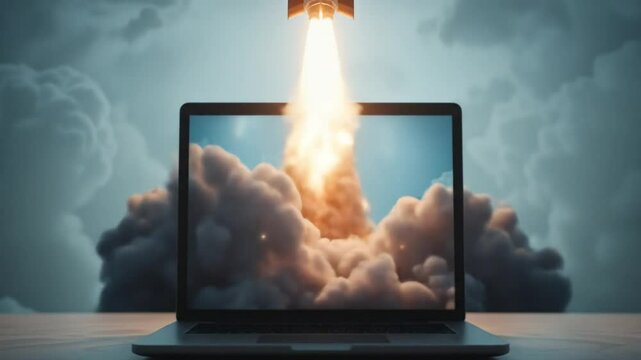 Rocket launch from laptop computer, symbolizing assistant agent autonomy and job automation using futuristic AGI technology for growth. 4k video