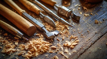 Close-up of wood carving tools on a rustic wooden workbench with wood chips and shavings, detailed textures of wood grain and metal surfaces in natural light