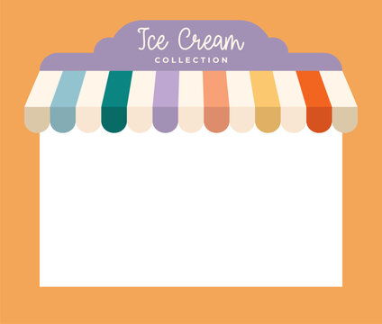 Ice cream menu template with striped rainbow colored kiosk awning, empty white text box, frame for advertising, signboard. Isolated retro summer background. Vector EPS10