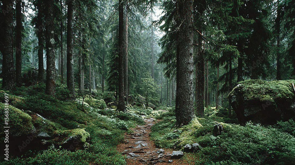 Poster a path surrounded by trees on both sides and flanked by rocks