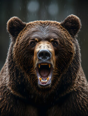 A powerful bear roars fiercely under the rain, showcasing raw strength and wild beauty.