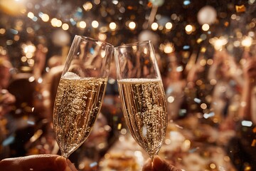 Two champagne flutes cheers amidst a lively gathering, confetti, and soft bokeh lights creating a festive, celebratory atmosphere.