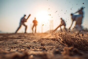 Dynamic low angle shot of cricket players in action with dust flying during a sunset game
