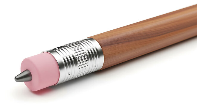 Close up of a brown wooden pencil with a pink eraser and a silver metal tip on a white background