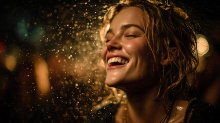Young woman smiling joyfully while celebrating with champagne indoors  
