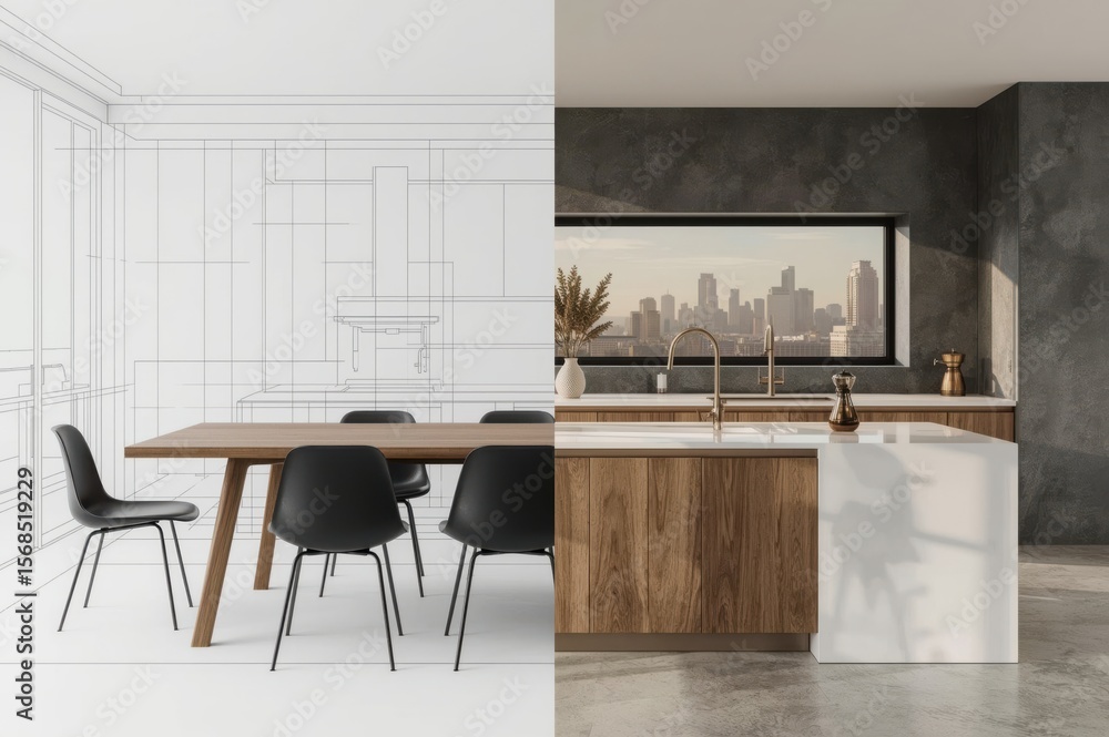 Poster modern kitchen design: split between blueprint and finished build showcases design process