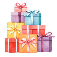 Stack of colorful watercolor gift boxes with ribbons and bows for Christmas, birthday, or holiday celebration on transparent background.