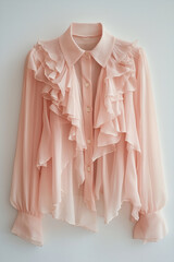 Delicate light pink chiffon blouse with ruffles, long sleeves, and button closure, isolated on a white background. Perfect for spring fashion, feminine looks, romantic outfits, or elegant office wear.
