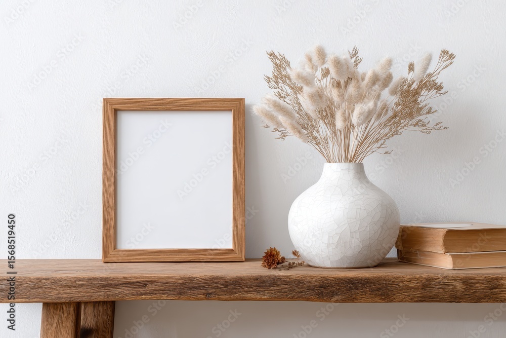 Poster artistic square frame mockup displaying wooden design on vintage table with vase and books in scandi