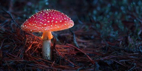 Fototapeta premium Vivid Amanita Mushroom: A Colorful Autumn Display in Nature's Forest Wonderland