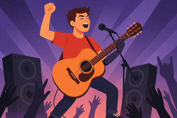 Obraz premium Young Man with Prosthetic Arm Playing Guitar on Stage Vector