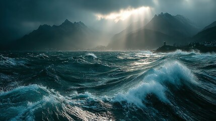   The sun glimmers through the clouds above a tranquil sea, where a lighthouse stands tall in the heart of the vast ocean