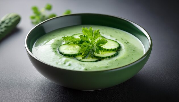 a bowl of vibrant green cucumber soup garnished with sprigs of fresh herbs evoking themes of freshness health and rejuvenation in a minimalist style