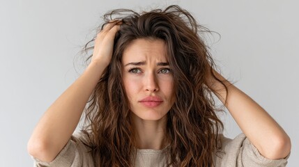 Fototapeta premium Young Woman Struggles with Natural Hair Loss, Facing Unhappiness and Weakness