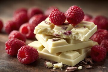Delightful Composition of White Chocolate and Raspberries on a Rustic Background