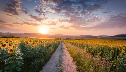 Obraz premium serene journey through sunflower field scenic dirt path with wildflowers at pastel sunset