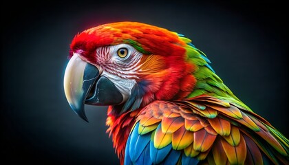 Obraz premium Photo of a closeup portrait of a vibrantly colored macaw parrot with detailed feathers and a dark background