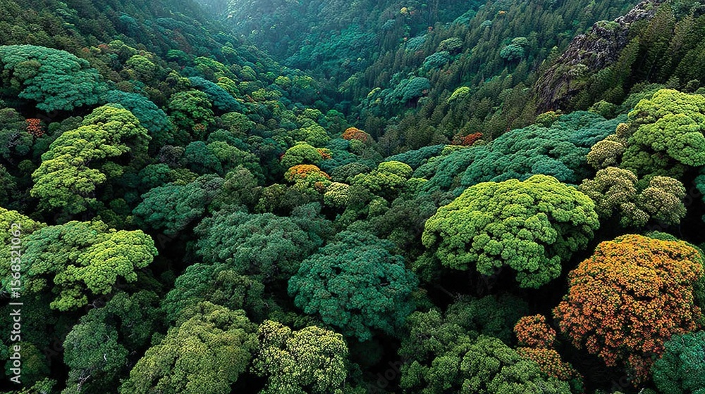 Poster a forest brimming with myriad trees adorned with verdant leaves and an array of orange and yellow fo