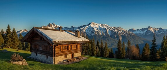 Fototapeta premium Charming cabin nestled in an alpine meadow with snow-capped mountains in the distance under a clear blue sky.