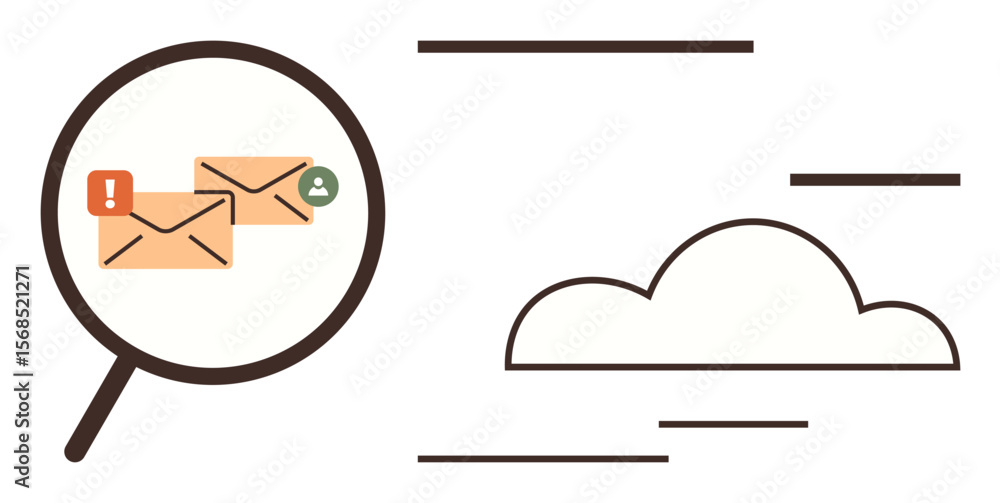 Poster magnifying glass focusing on mail envelopes with alert and user icons, next to a cloud. ideal for co