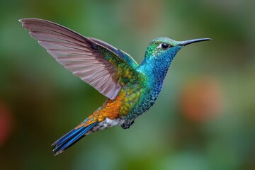 Fototapeta premium Colorful Hummingbird in Flight: Green-Breasted Mango Female Showcasing Nature's Vibrance