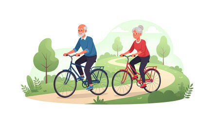 Fototapeta premium Senior couple enjoys a bike ride on a scenic path surrounded by greenery, depicting healthy lifestyle, fitness, and happy retirement outdoors.
