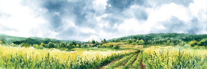 Watercolor Landscape of Rustic Farmland: An Organic Farming Scene with Fields, Hedges, and Growth Details