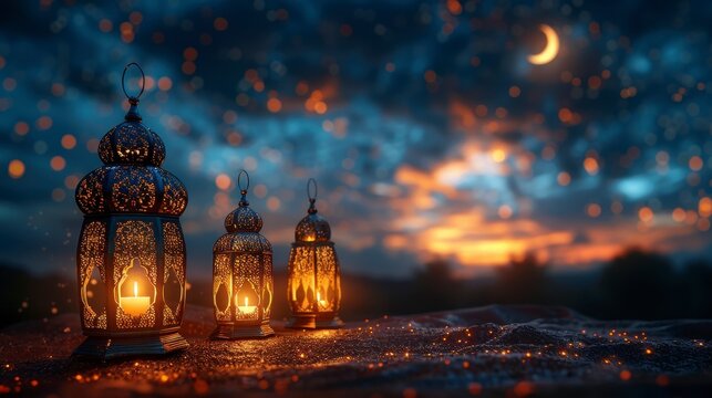 Ornate lanterns glow, stars twinkle. Evening sky fades to orange, crescent moon shines
