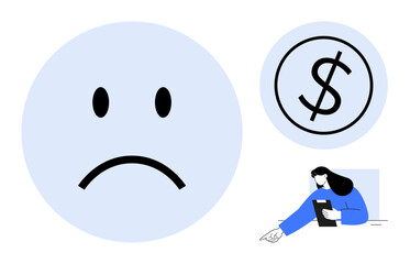 Sad face symbolizing discontent, dollar sign for money concerns, person reviewing documents for financial analysis. Ideal for finance, budgeting, debt, emotion, stress, money management simple