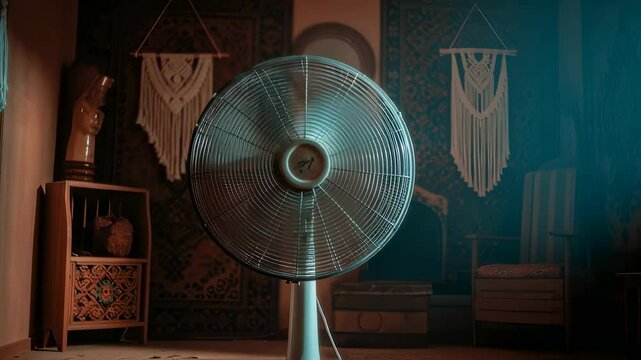 Fan oscillation in a bohemian room to circulate air and cool during warm weather footage.