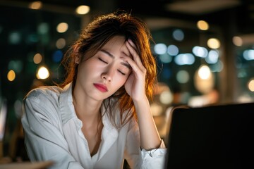 Obraz premium Overworked Asian Woman at Desk. Late Night Office Scene Capturing Stress and Fatigue