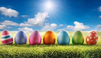 colorful easter eggs displayed in a field under a bright blue sky with fluffy clouds during springtime