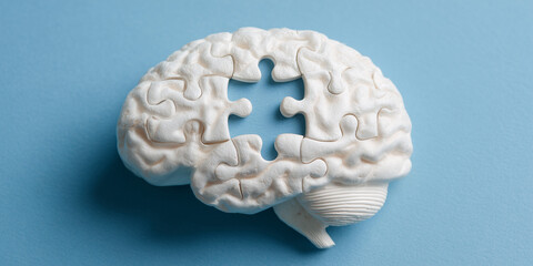 Gehirn als Puzzle mit Lücke, Konzeptbild für Forschung, Neurologie, Demenz, Alzheimer, medizinische Diagnose, kognitive Leistung, Psychologie und mentale Gesundheit.