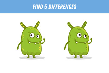 Find 5 differences between two pictures of funny green monster. Cute alien. Vector illustration
