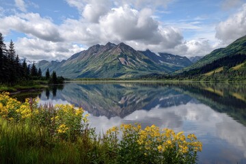 Breathtaking Alaska Lake: Reflecting the Majestic Mountain Range of the Kenai Peninsula