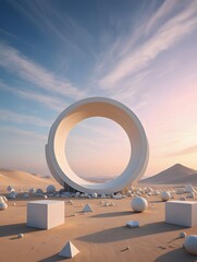 Abstract desert landscape with geometric shapes and a large ring art installation