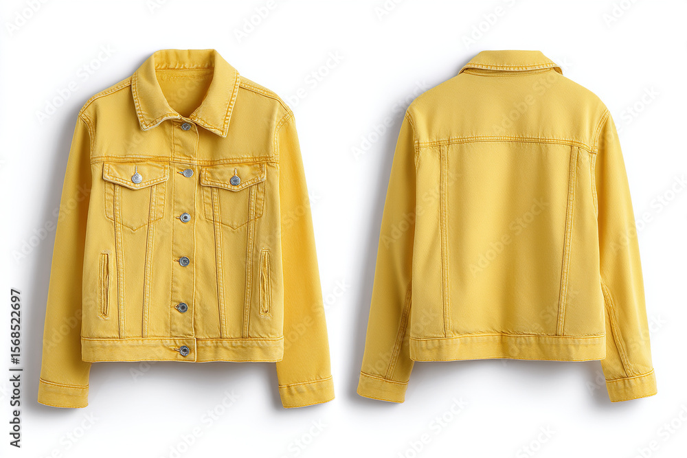 Poster bright yellow denim jacket shown in front and back views, perfect for adding a pop of color to your 