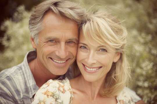 Joyful Middle-Aged Couple Embracing Love in a Park Setting