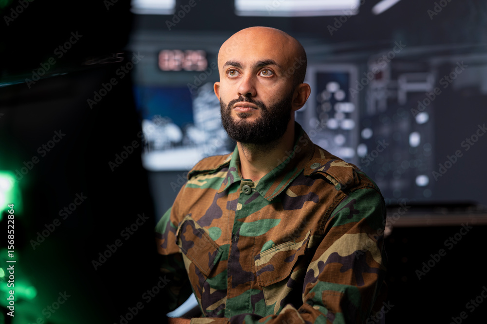 Poster air defense command professional using radar infrastructure to detect incoming ballistic missiles. m