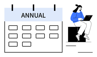 Large calendar with Annual label and rows of dates, woman in blue clothes working on laptop. Ideal for scheduling, planning, productivity, organization, time management, goal setting, simple flat