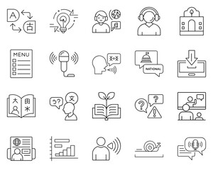 Icons for language learning with educational & communication symbols