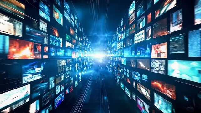 Abstract digital video wall with bright light, streaming media concept - Powered by Adobe