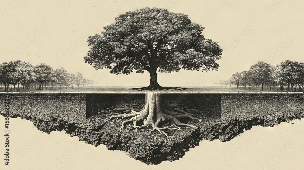 Poster a monochromatic image of a tree with its roots anchored to the ground