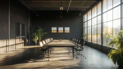 Industrial meeting room with large windows