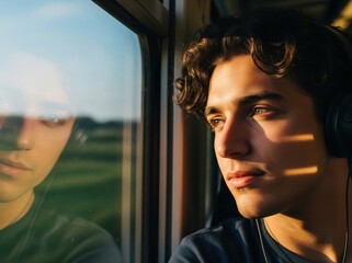 Thoughtful man seated near train window with countryside reflected in glass, headphones on and world passing quietly outside his view