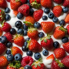 Obraz premium fresh assorted berries on creamy white yogurt in minimalist white bowl top view food photography