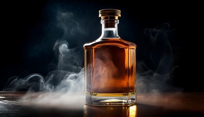 whiskey bottle in dark with swirling fog
