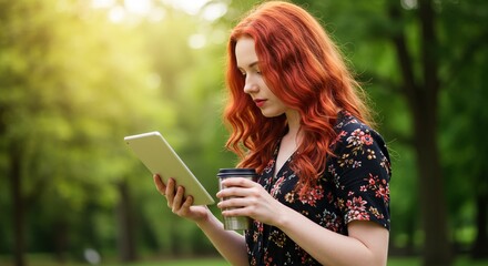 A woman with red hair using a tablet showing a person holding a coffee mug and looking at a tablet screen captured with natural light for authentic editorial an