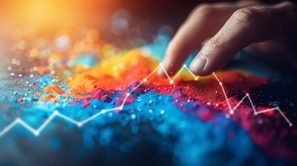 Finger traces graph atop vibrant powder hues, blurred bokeh background, artistic representation of data trends