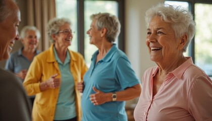 Elderly people chat happily in group exercise class. Seniors enjoy social activity at community health center. Women, men participate in fitness program. Active lifestyle for older adults, promoting